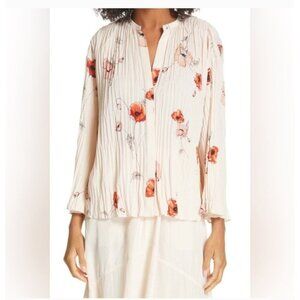 Vince Pale Blush Tossed Poppy Pleated Blouse Size Large Top 3/4 Sleeve Floral